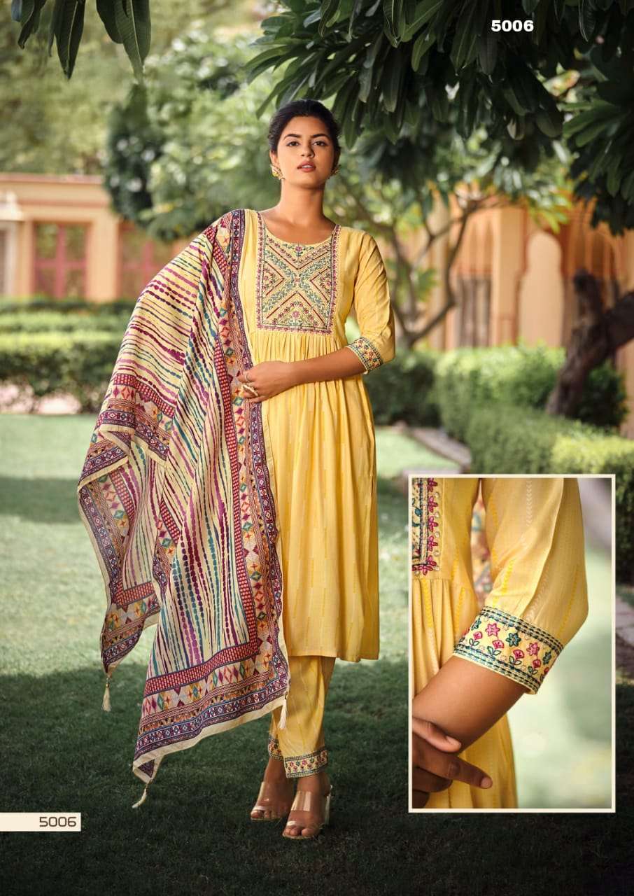 GULMAHOR VOL 2 PREMIUM LIVA TAG RAYON THREAD AND HANDWORK KURTI WITH PANT AND MUSLIN DIGITAL PRINT DUPATTA BY S3FOREVER BRAND 5006